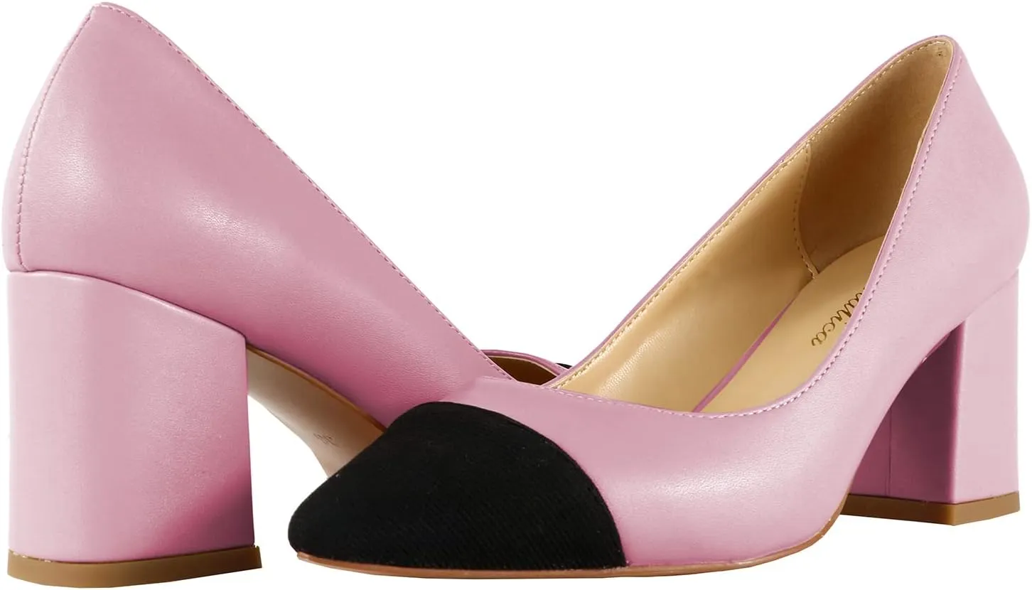 Lutalica W Women's Trendy Pointed Cap Toe Slip On Comfort Two-Toned Chunky High Heel Pumps for Office Evening Wedding