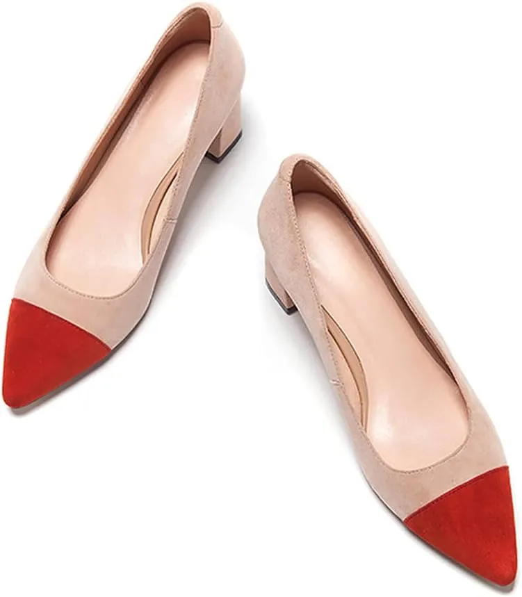 Lutalica W Women's Trendy Pointed Cap Toe Slip On Comfort Two-Toned Chunky High Heel Pumps for Office Evening Wedding