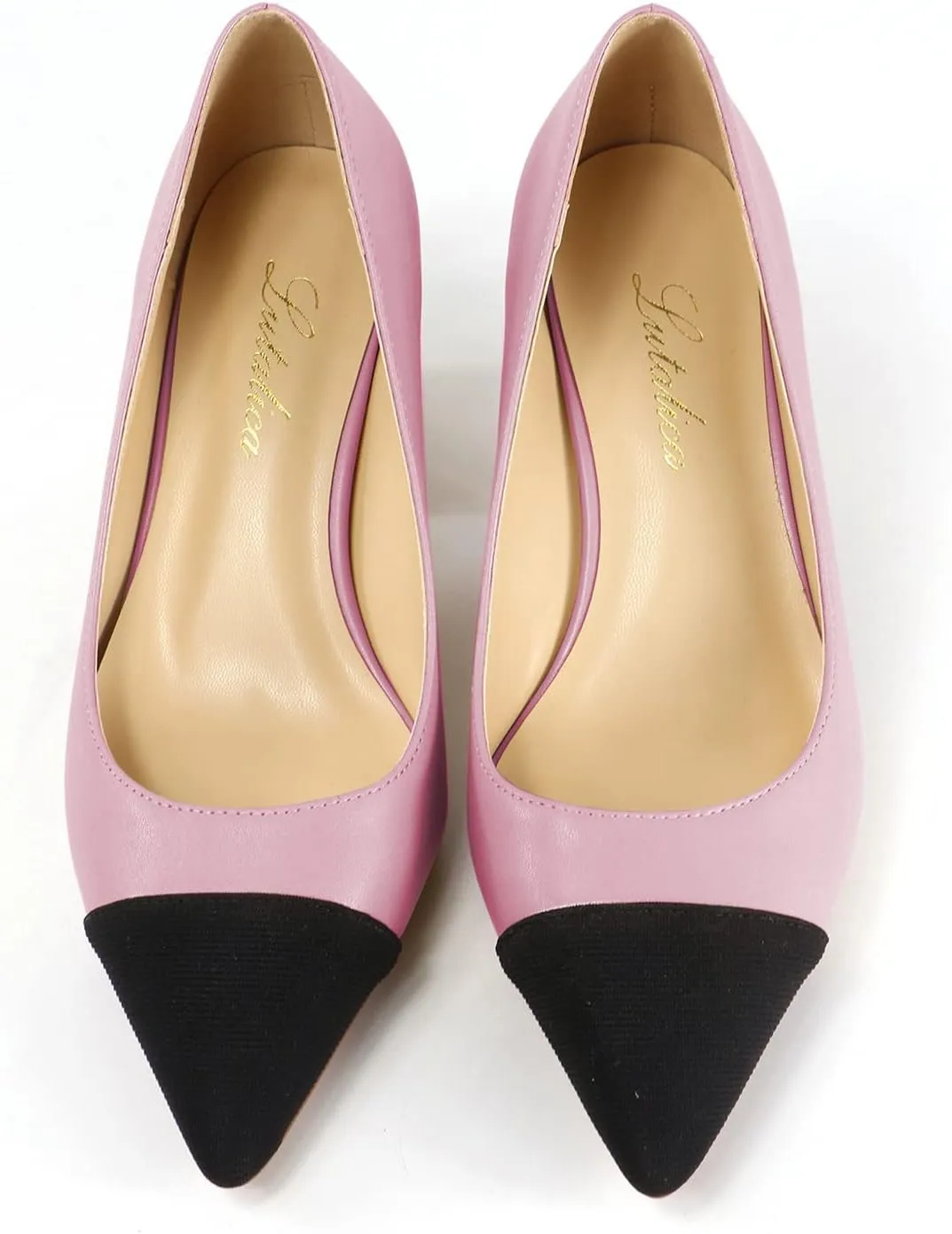 Lutalica W Women's Trendy Pointed Cap Toe Slip On Comfort Two-Toned Chunky High Heel Pumps for Office Evening Wedding