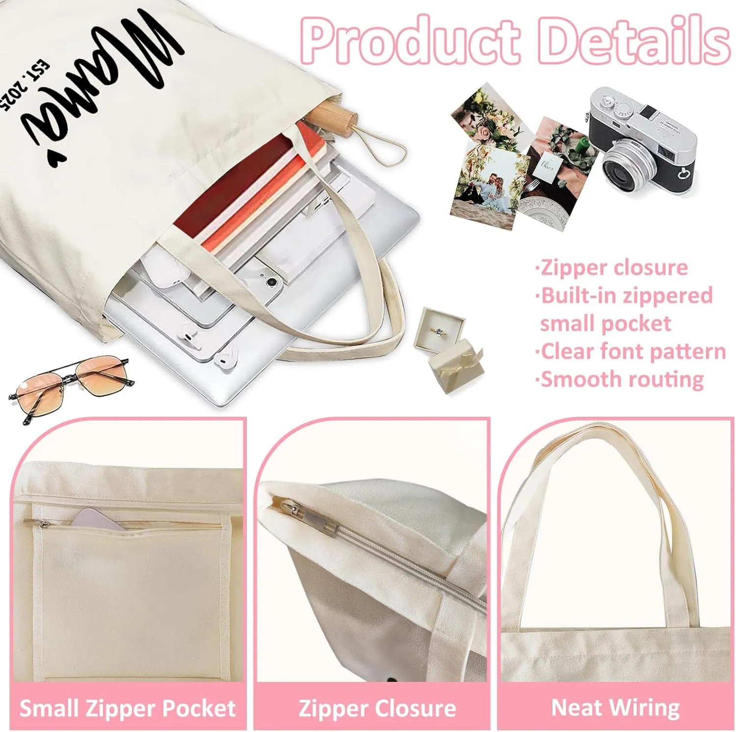 Lutto Canvas Bag with Zip Pocke - Wedding Engagement Bachelorette Birthday Mothers Day Gifts for Women