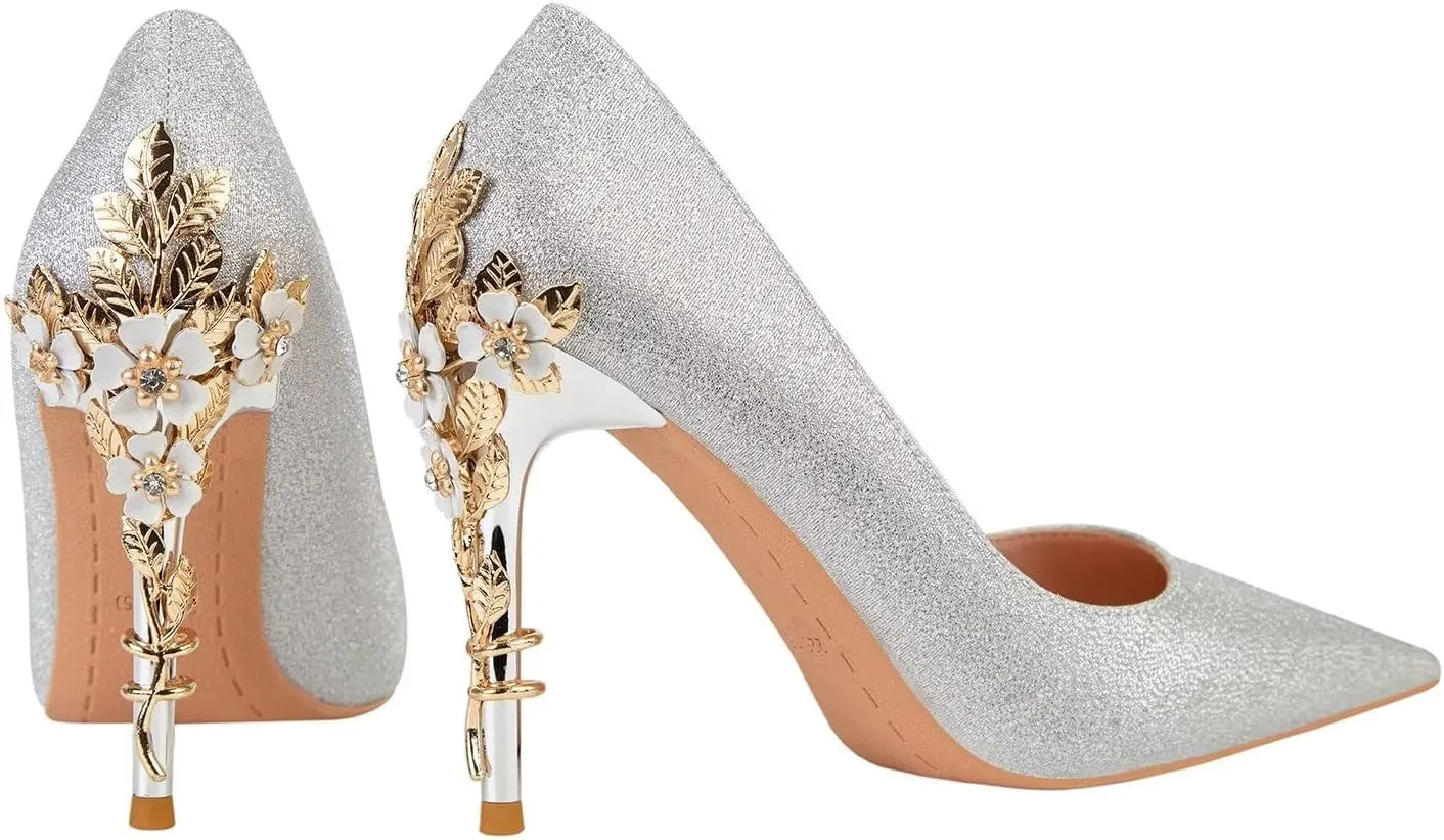 LUXINYU Women Pointed Toe Heels Elegant Satin Stiletto Fashion Metal Flower Rhinestone Wedding Dress Shoes Ladies Evening Party Pumps