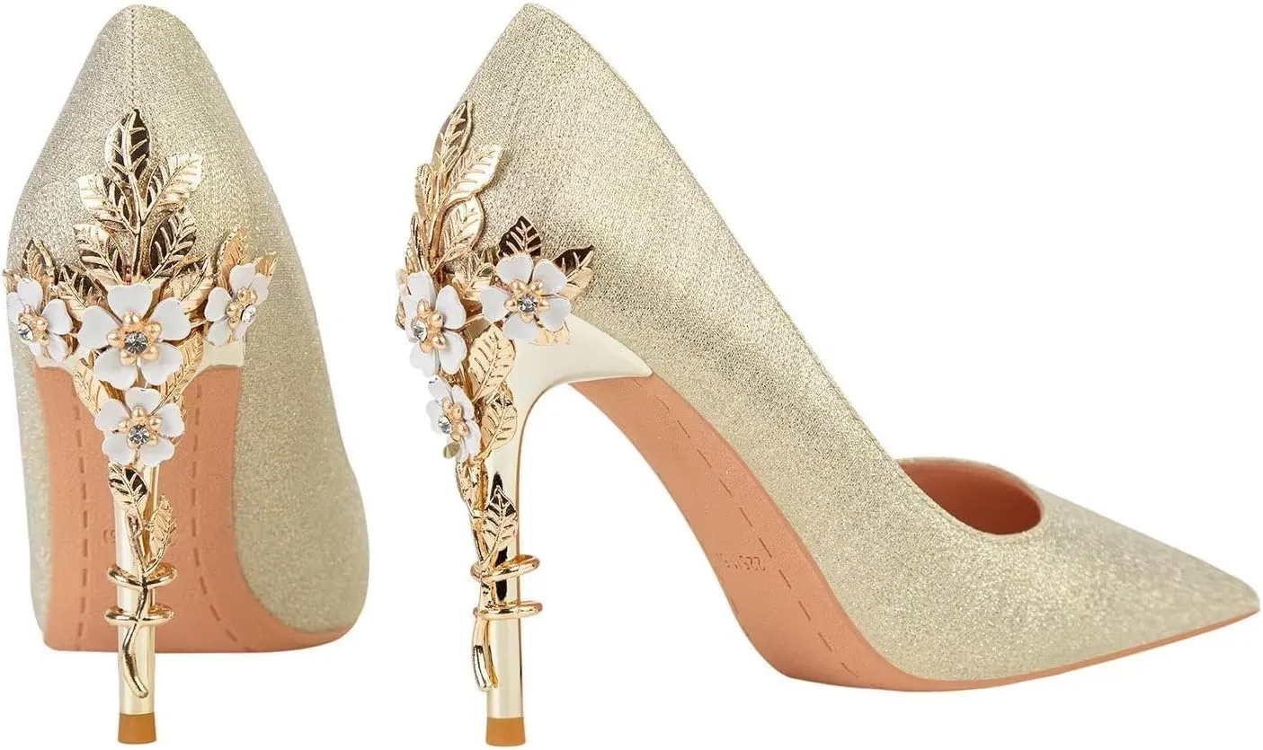 LUXINYU Women Pointed Toe Heels Elegant Satin Stiletto Fashion Metal Flower Rhinestone Wedding Dress Shoes Ladies Evening Party Pumps