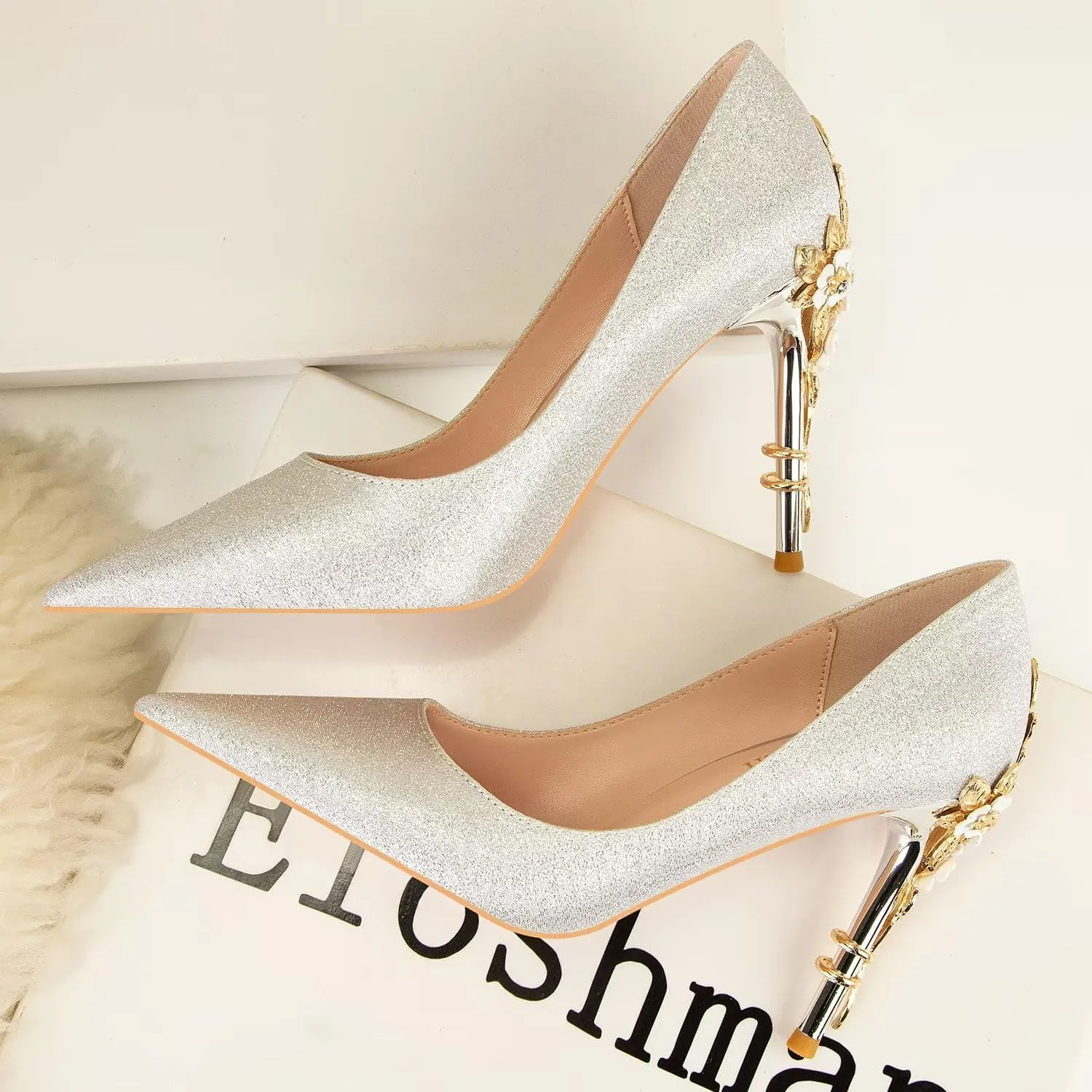 LUXINYU Women Pointed Toe Heels Elegant Satin Stiletto Fashion Metal Flower Rhinestone Wedding Dress Shoes Ladies Evening Party Pumps