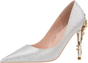 LUXINYU Women Pointed Toe Heels Elegant Satin Stiletto Fashion Metal Flower Rhinestone Wedding Dress Shoes Ladies Evening Party Pumps