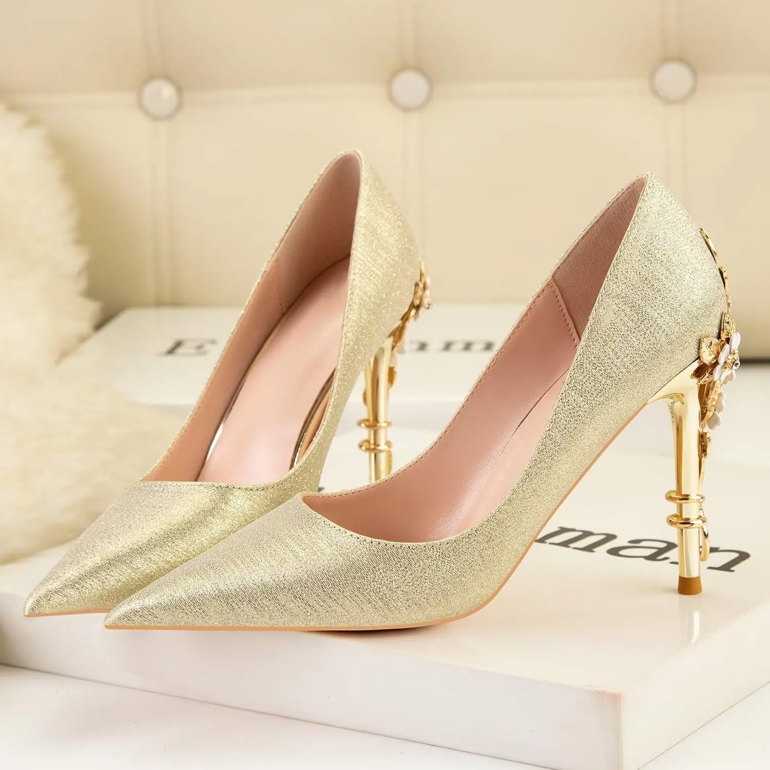 LUXINYU Women Pointed Toe Heels Elegant Satin Stiletto Fashion Metal Flower Rhinestone Wedding Dress Shoes Ladies Evening Party Pumps