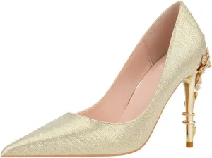 LUXINYU Women Pointed Toe Heels Elegant Satin Stiletto Fashion Metal Flower Rhinestone Wedding Dress Shoes Ladies Evening Party Pumps
