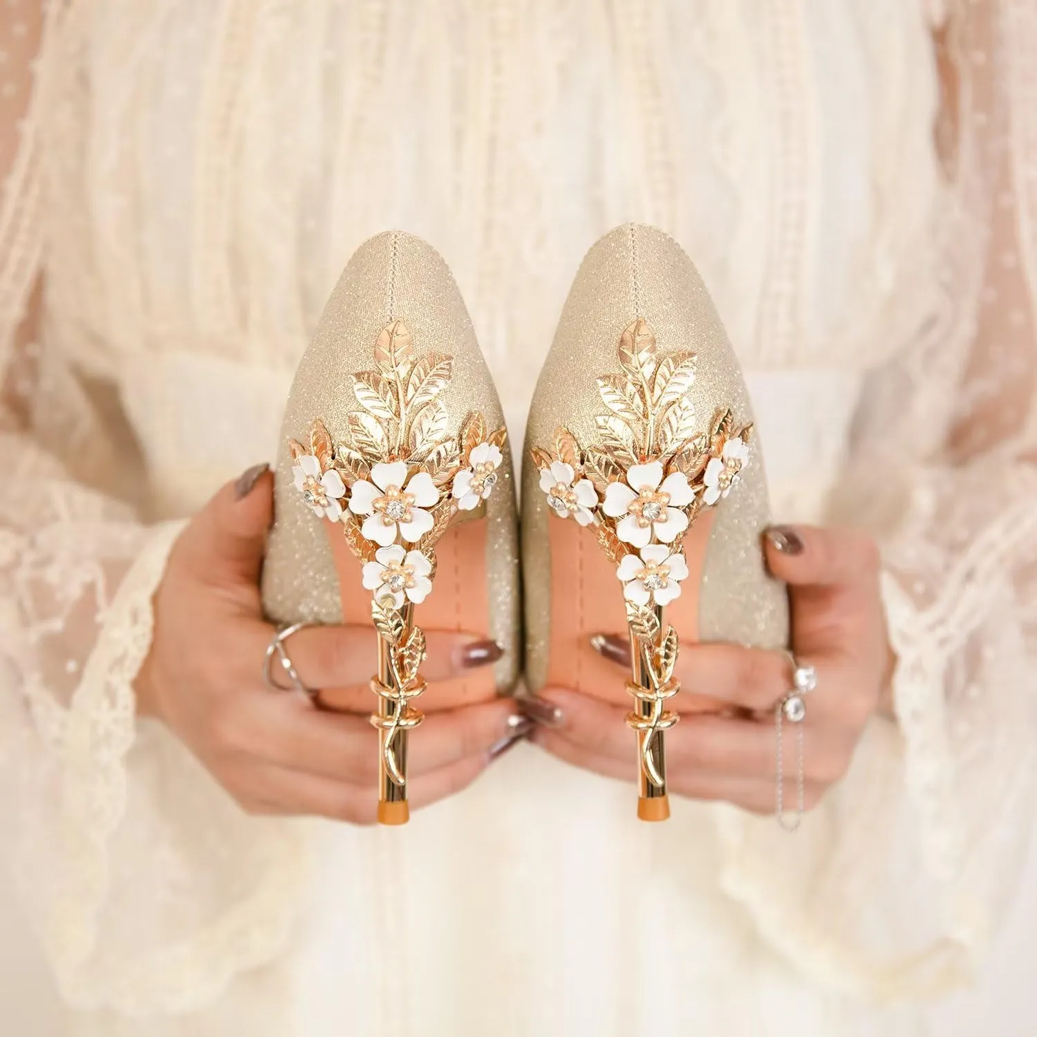 LUXINYU Women Pointed Toe Heels Elegant Satin Stiletto Fashion Metal Flower Rhinestone Wedding Dress Shoes Ladies Evening Party Pumps