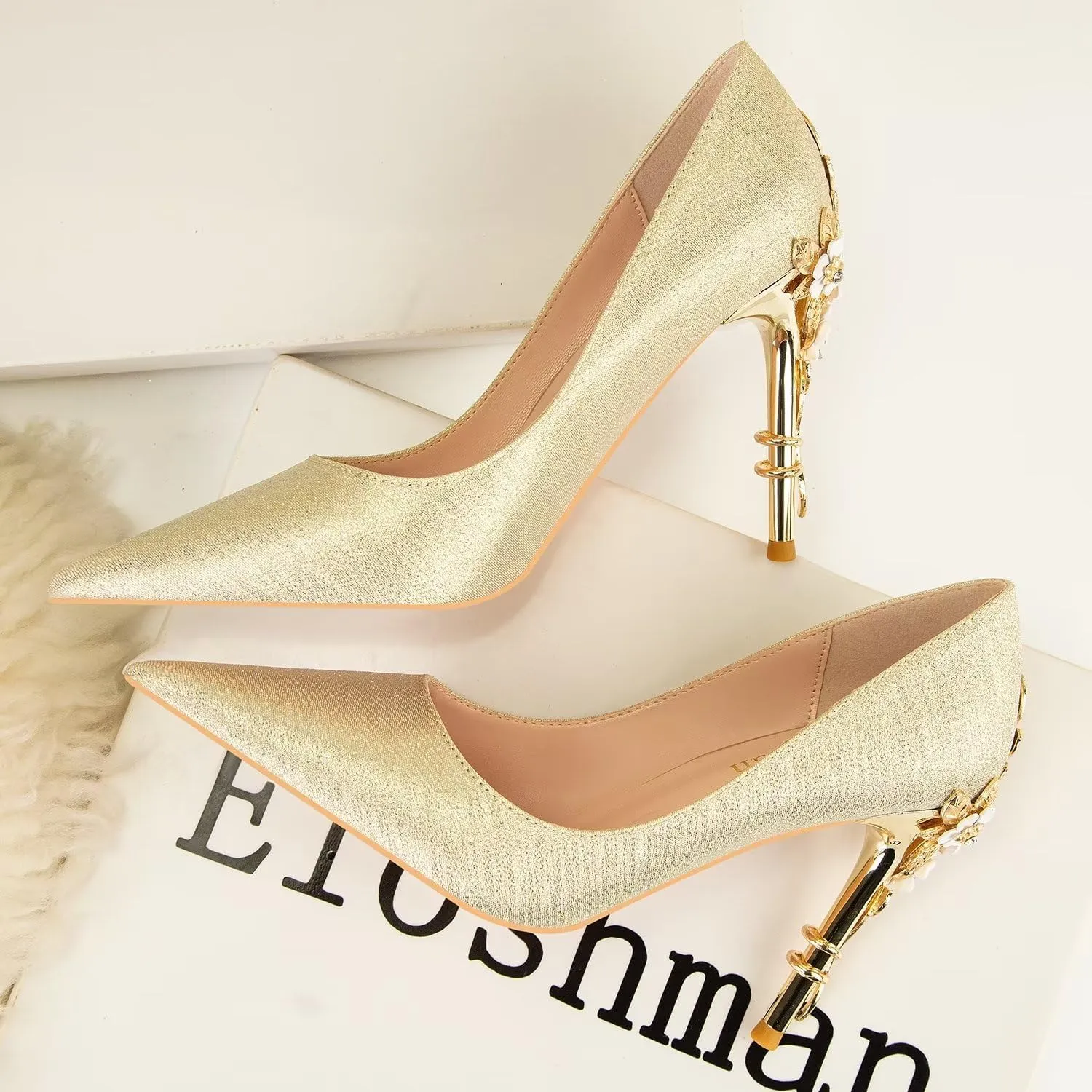 LUXINYU Women Pointed Toe Heels Elegant Satin Stiletto Fashion Metal Flower Rhinestone Wedding Dress Shoes Ladies Evening Party Pumps