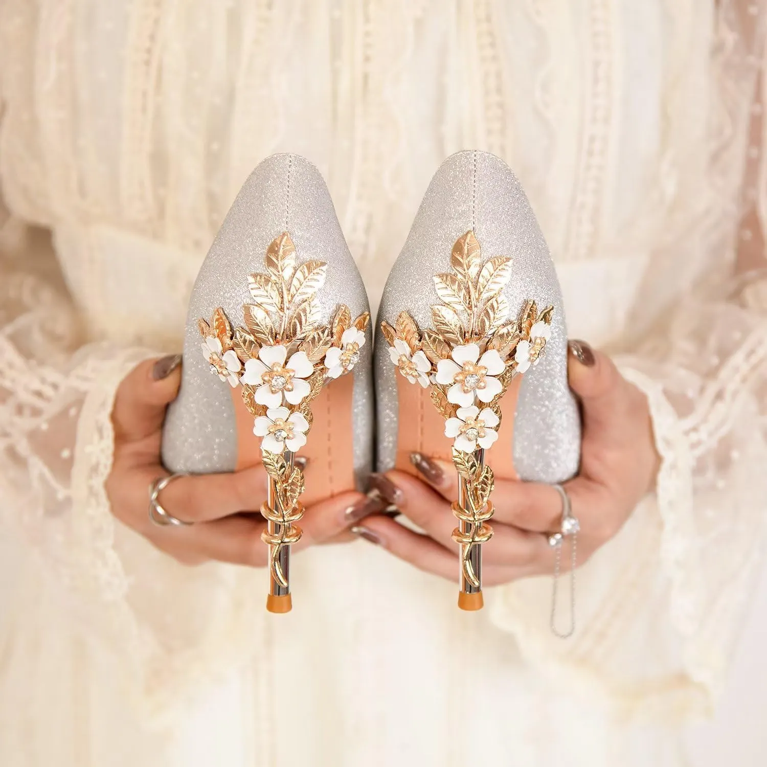 LUXINYU Women Pointed Toe Heels Elegant Satin Stiletto Fashion Metal Flower Rhinestone Wedding Dress Shoes Ladies Evening Party Pumps