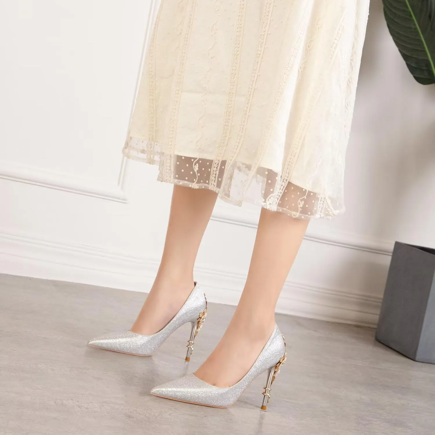 LUXINYU Women Pointed Toe Heels Elegant Satin Stiletto Fashion Metal Flower Rhinestone Wedding Dress Shoes Ladies Evening Party Pumps