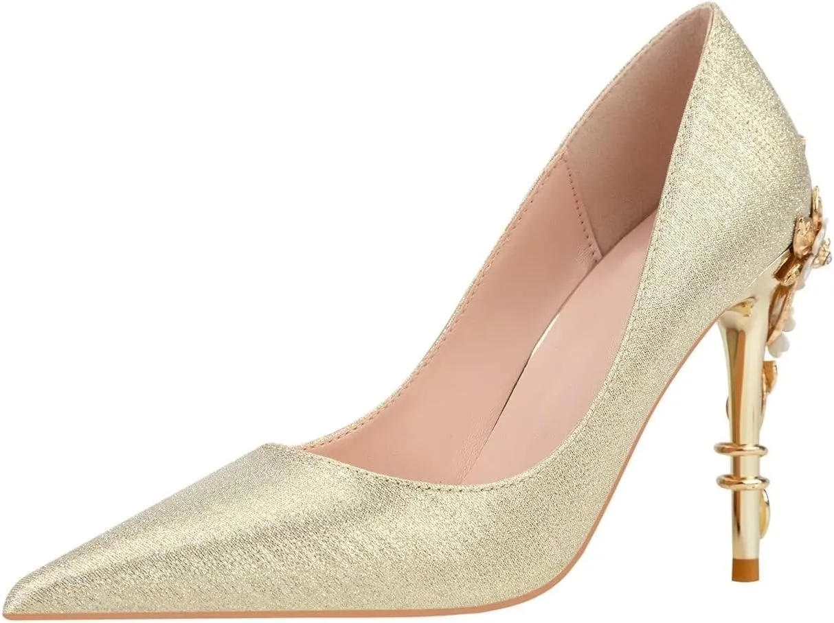 LUXINYU Women Pointed Toe Heels Elegant Satin Stiletto Fashion Metal Flower Rhinestone Wedding Dress Shoes Ladies Evening Party Pumps