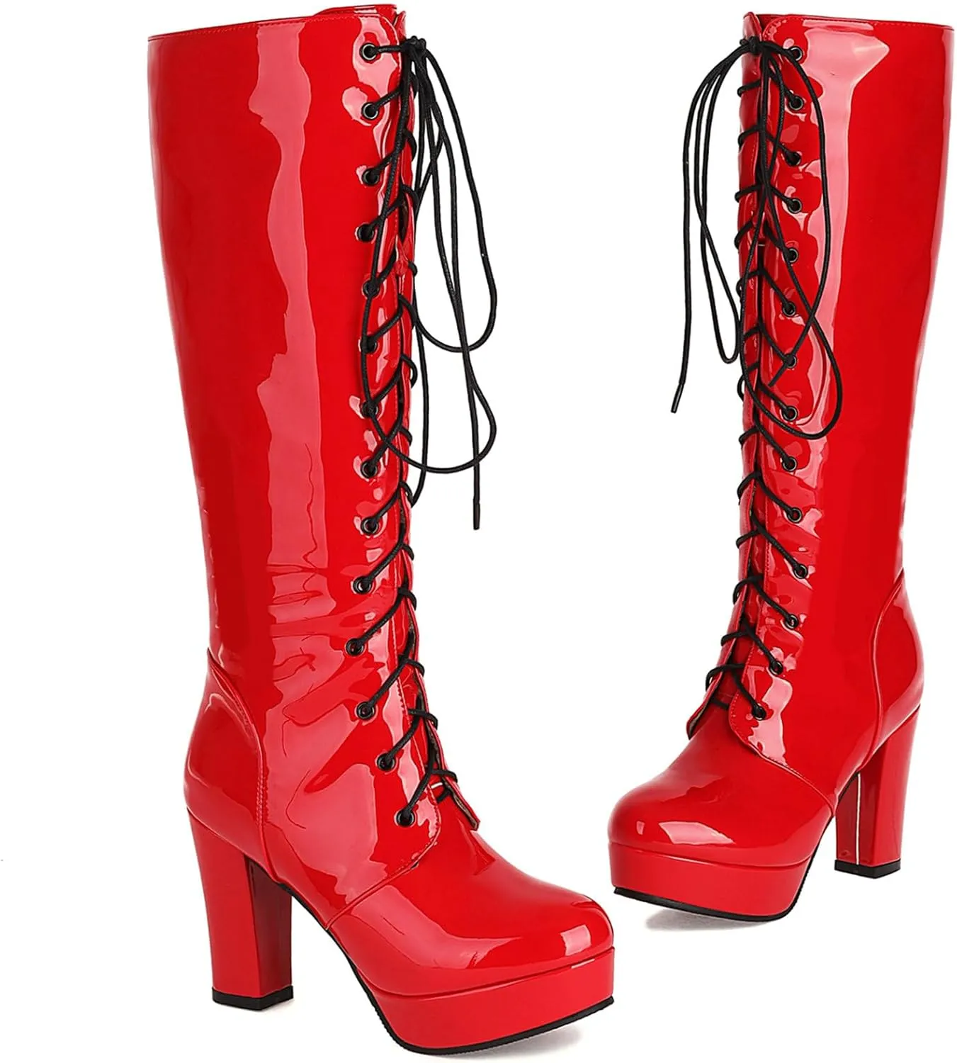 LUXMAX Women Patent Leather Knee High Boots Lace Up Platform Block High Heel Long Boots,Goth Knee High Boots Closed Toe Tall Boots