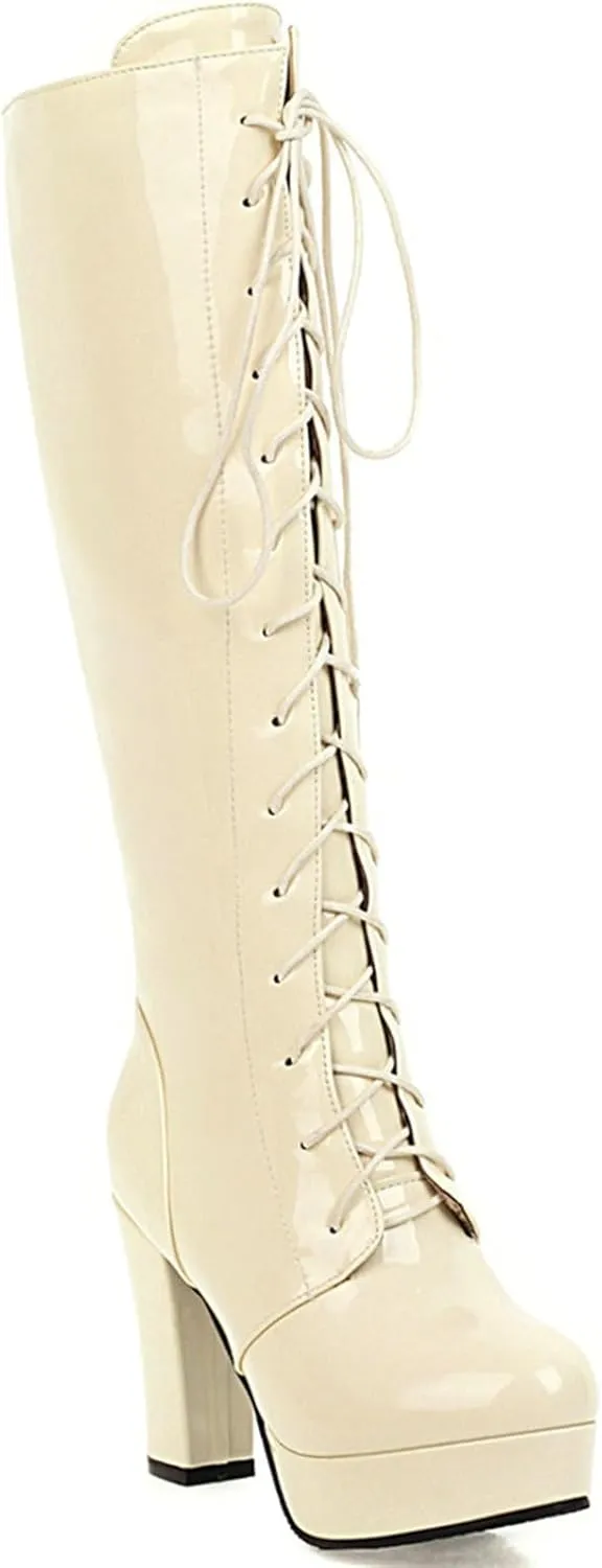 LUXMAX Women Patent Leather Knee High Boots Lace Up Platform Block High Heel Long Boots,Goth Knee High Boots Closed Toe Tall Boots