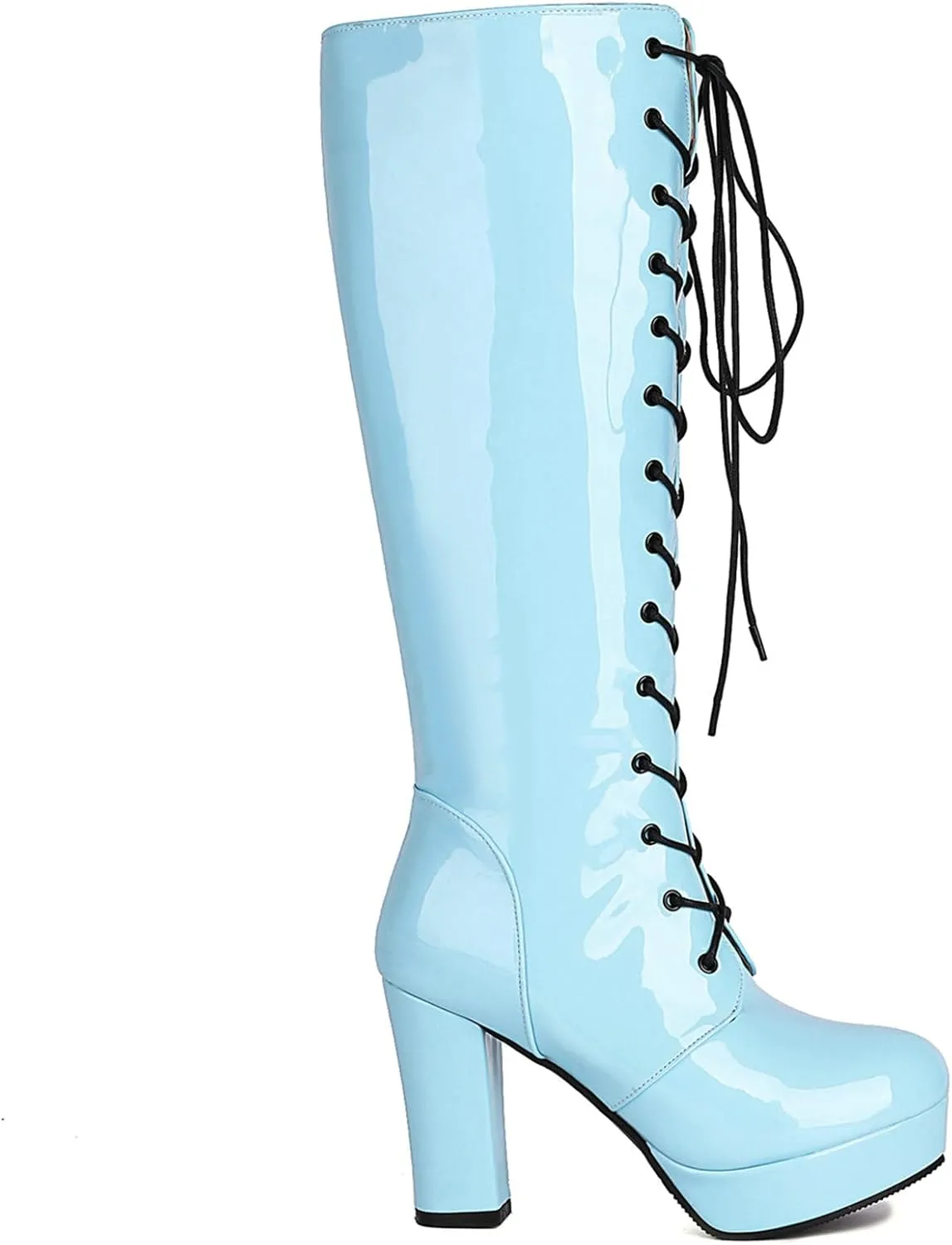 LUXMAX Women Patent Leather Knee High Boots Lace Up Platform Block High Heel Long Boots,Goth Knee High Boots Closed Toe Tall Boots