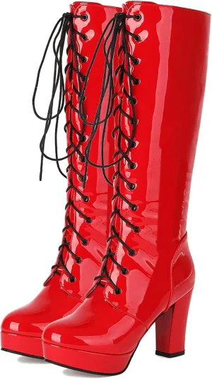 LUXMAX Women Patent Leather Knee High Boots Lace Up Platform Block High Heel Long Boots,Goth Knee High Boots Closed Toe Tall Boots