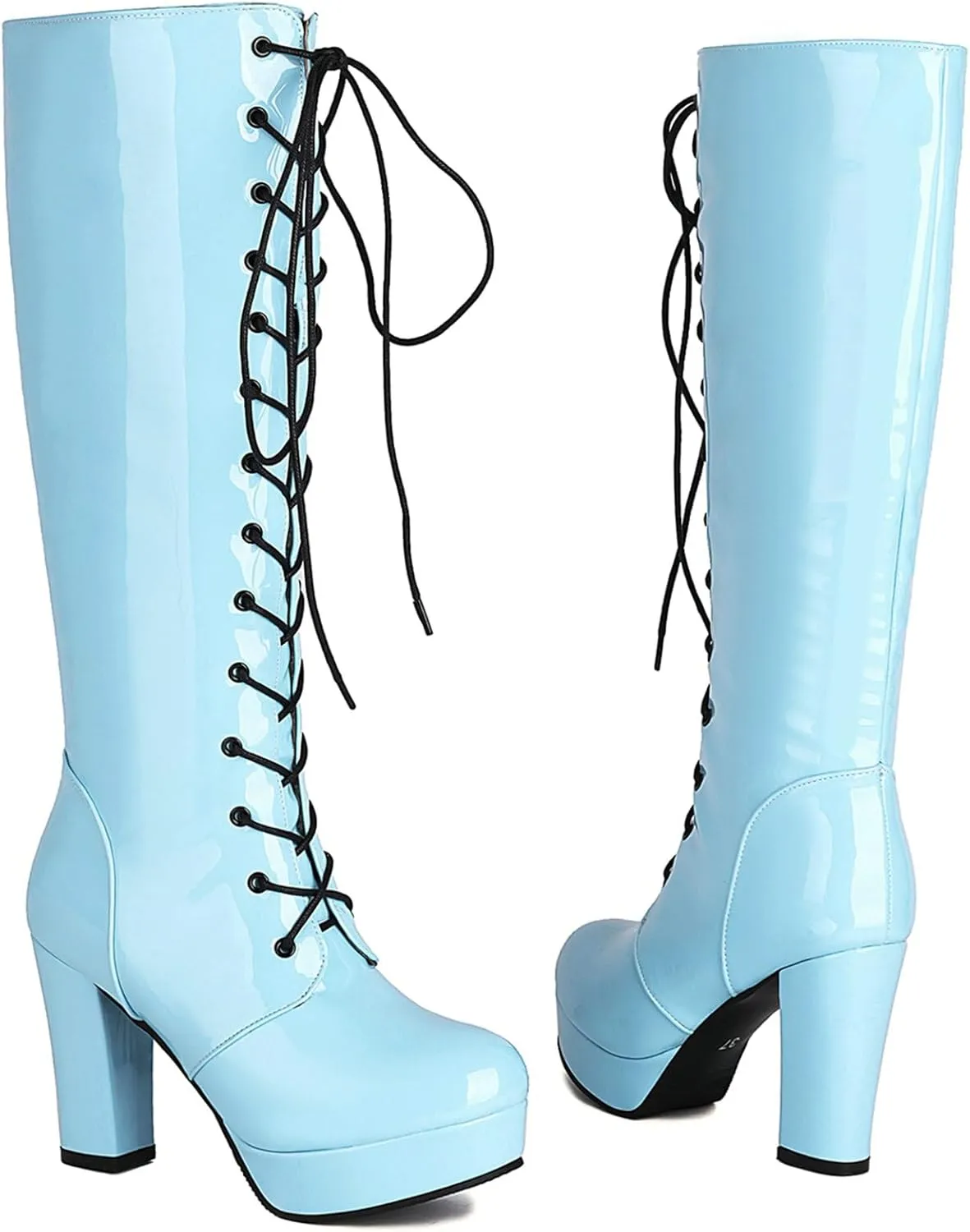 LUXMAX Women Patent Leather Knee High Boots Lace Up Platform Block High Heel Long Boots,Goth Knee High Boots Closed Toe Tall Boots