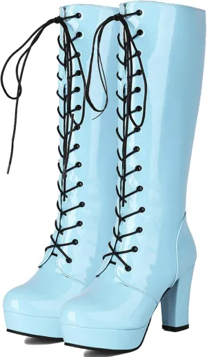 LUXMAX Women Patent Leather Knee High Boots Lace Up Platform Block High Heel Long Boots,Goth Knee High Boots Closed Toe Tall Boots