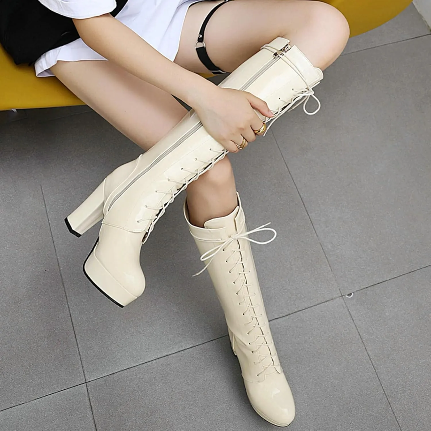 LUXMAX Women Patent Leather Knee High Boots Lace Up Platform Block High Heel Long Boots,Goth Knee High Boots Closed Toe Tall Boots