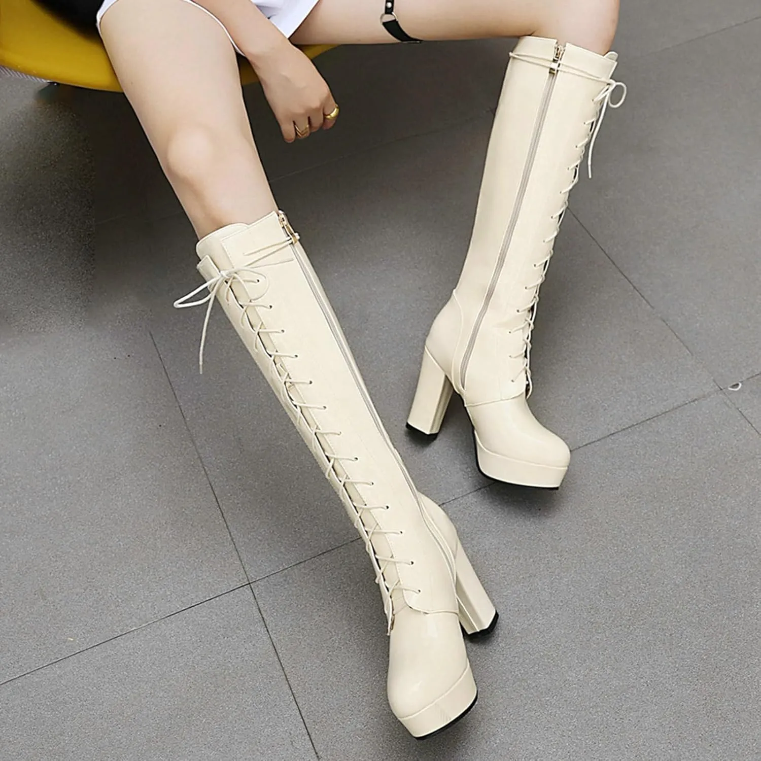 LUXMAX Women Patent Leather Knee High Boots Lace Up Platform Block High Heel Long Boots,Goth Knee High Boots Closed Toe Tall Boots