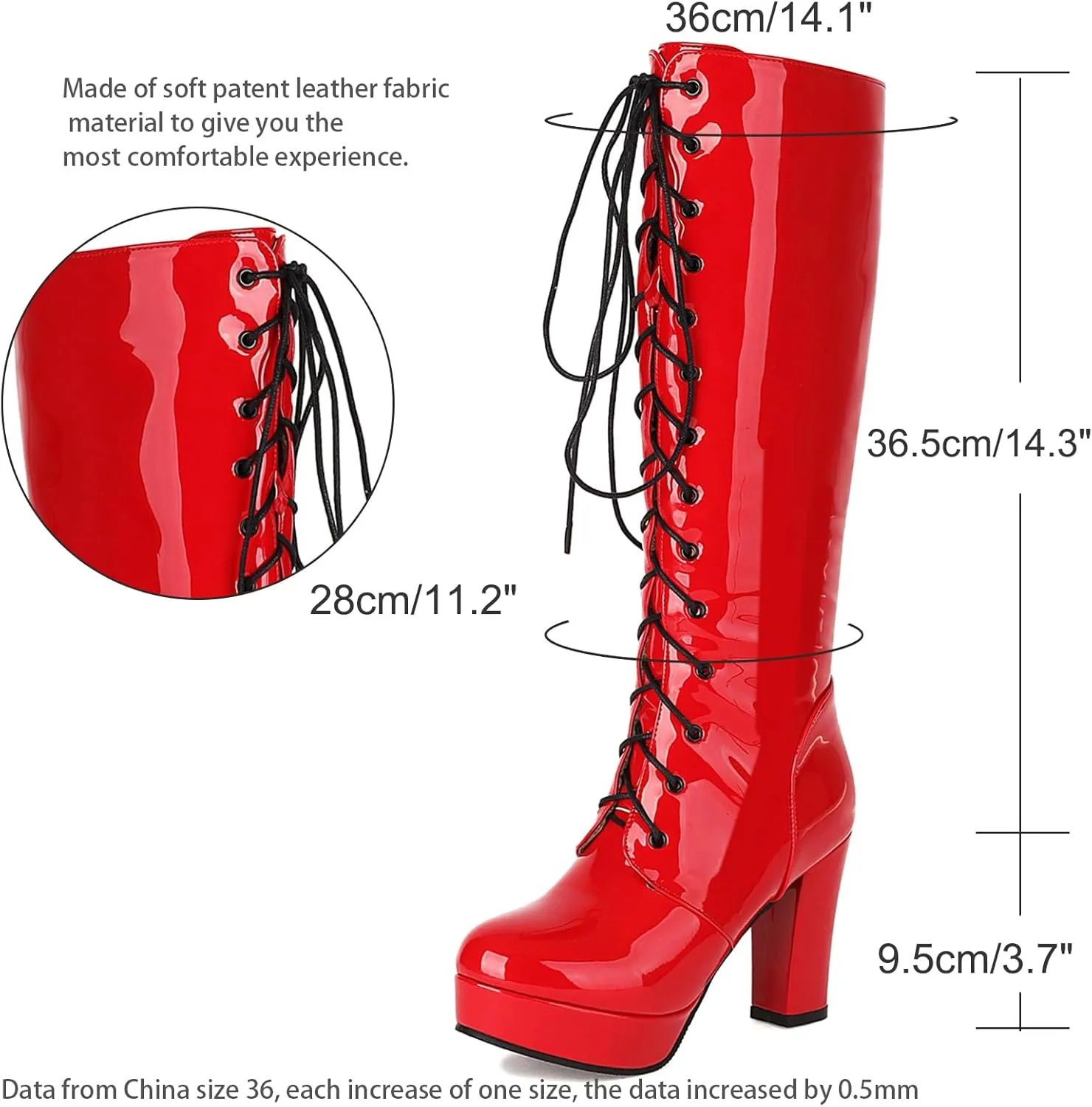 LUXMAX Women Patent Leather Knee High Boots Lace Up Platform Block High Heel Long Boots,Goth Knee High Boots Closed Toe Tall Boots