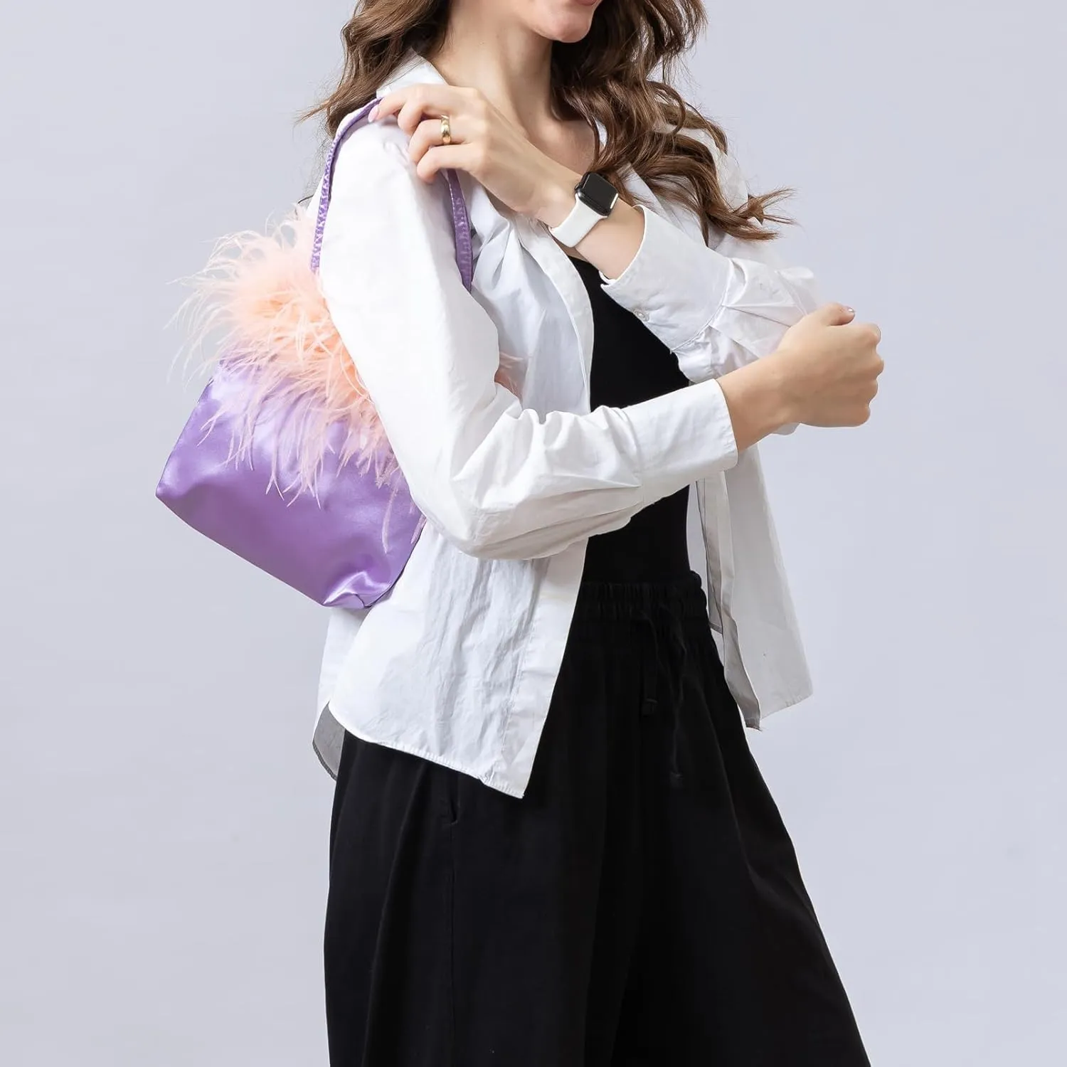 LVCOMEFF Women Ostrich Feather-trim Satin Evening Purse Silky Mini Handbag Cute for Party Peach Fuzz Elegant