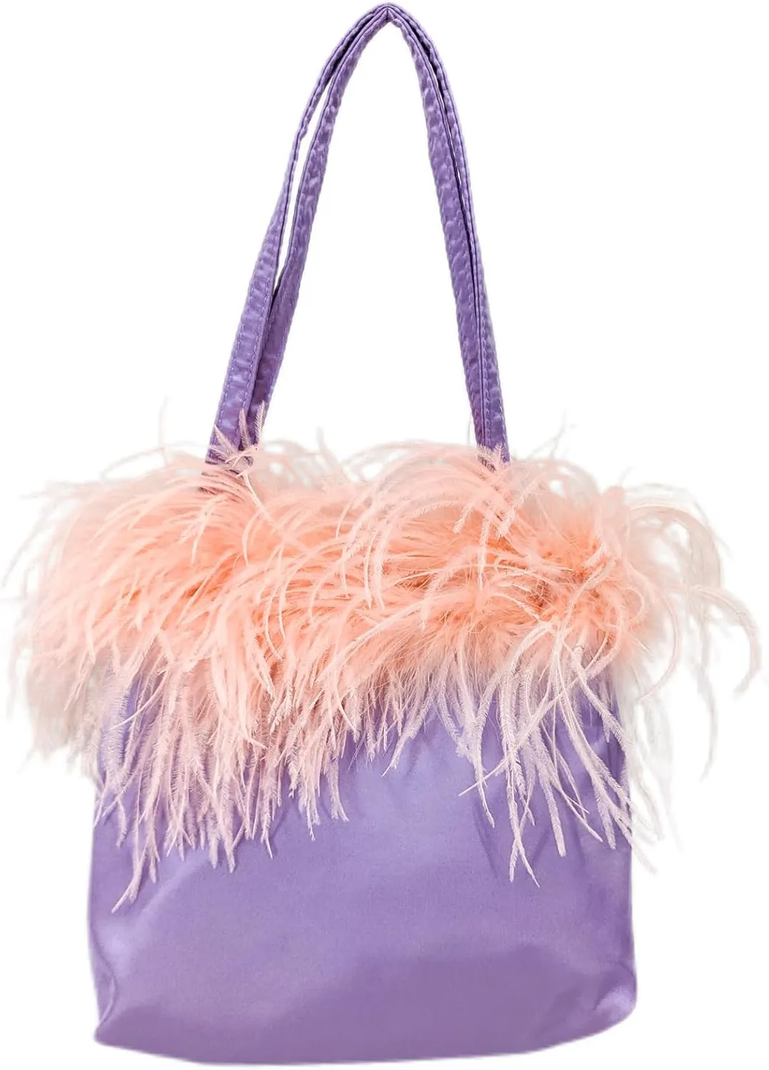 LVCOMEFF Women Ostrich Feather-trim Satin Evening Purse Silky Mini Handbag Cute for Party Peach Fuzz Elegant