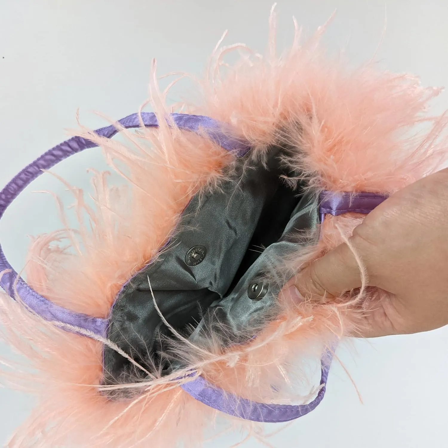 LVCOMEFF Women Ostrich Feather-trim Satin Evening Purse Silky Mini Handbag Cute for Party Peach Fuzz Elegant