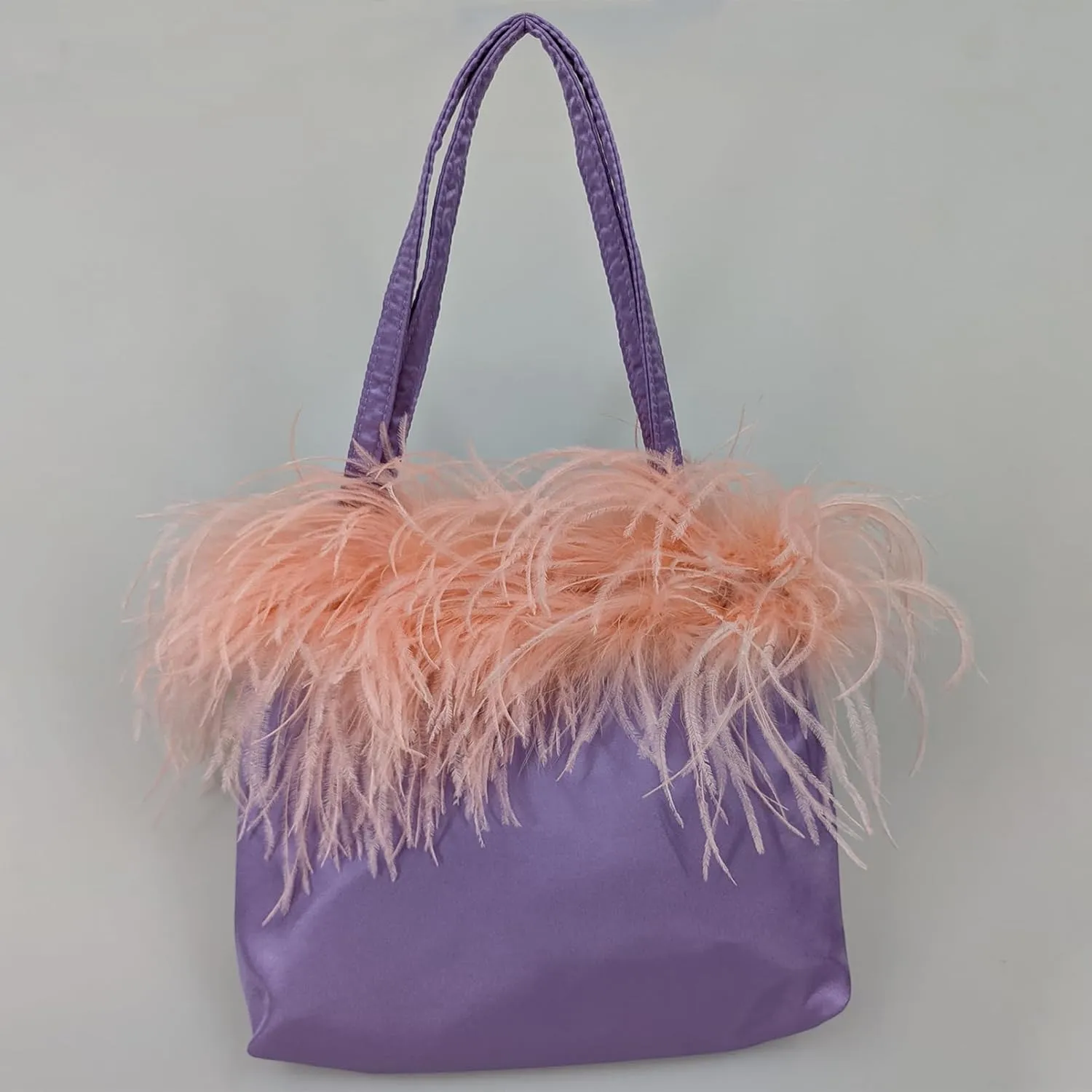 LVCOMEFF Women Ostrich Feather-trim Satin Evening Purse Silky Mini Handbag Cute for Party Peach Fuzz Elegant