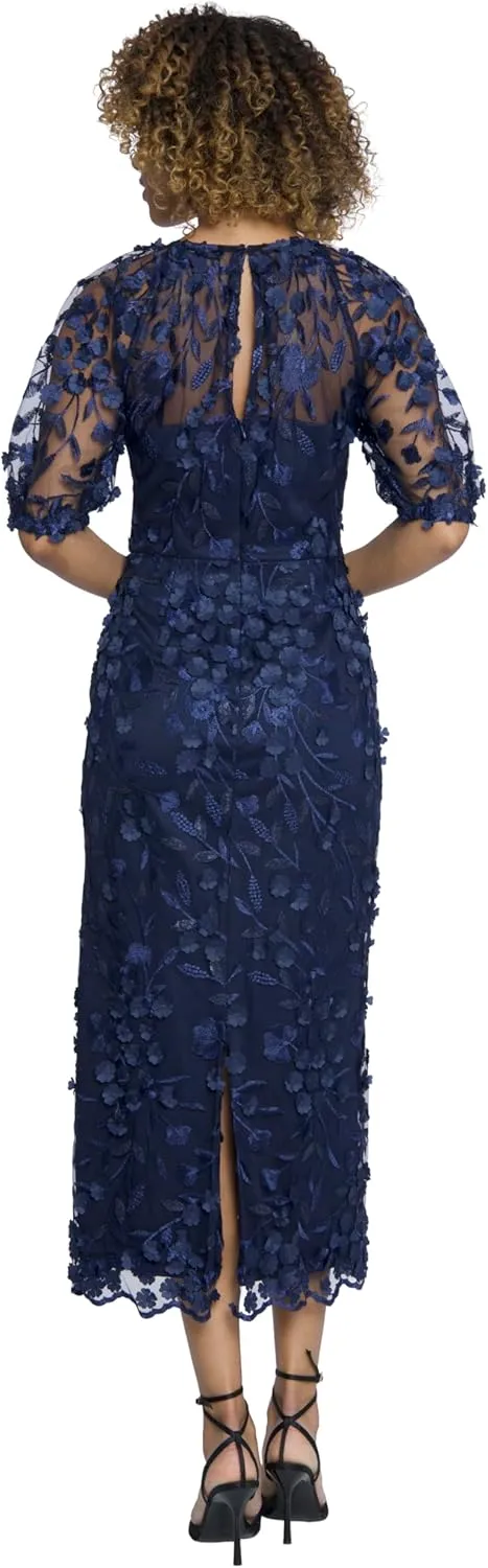 Maggy London Elegant Illusion Neck Elbow Sleeves Midi Cocktail Dresses for Women