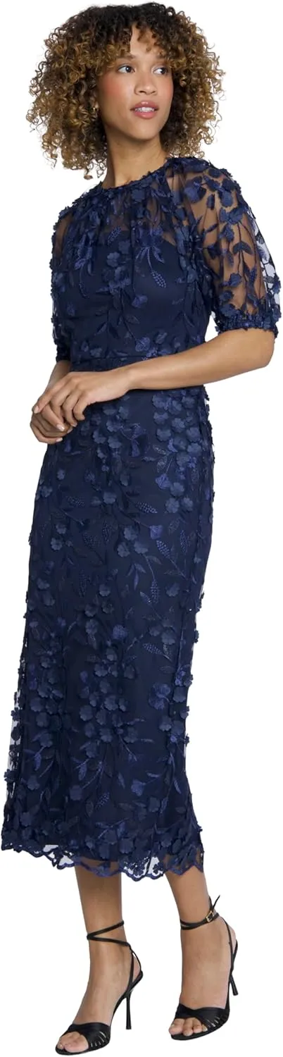 Maggy London Elegant Illusion Neck Elbow Sleeves Midi Cocktail Dresses for Women