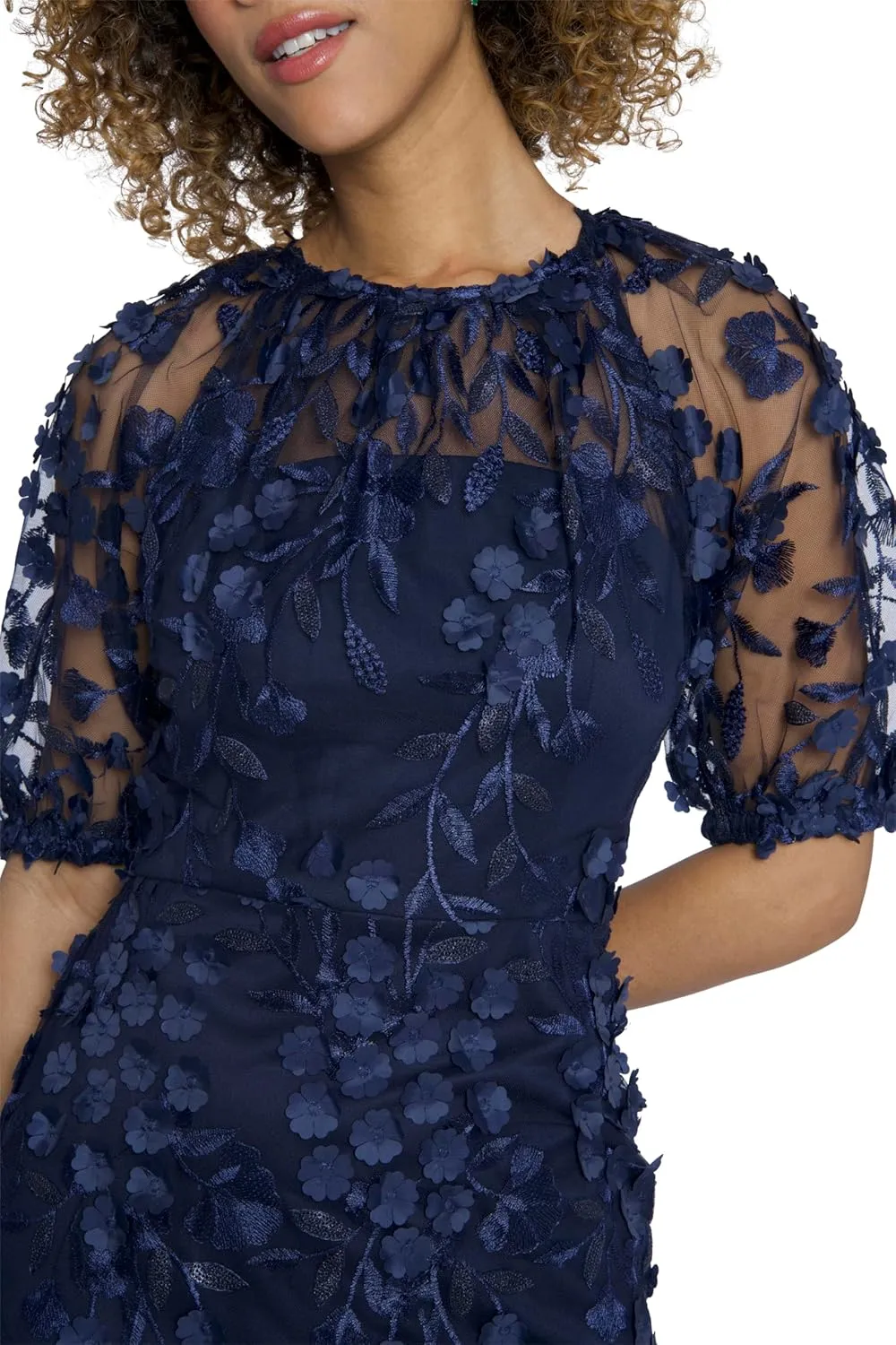 Maggy London Elegant Illusion Neck Elbow Sleeves Midi Cocktail Dresses for Women