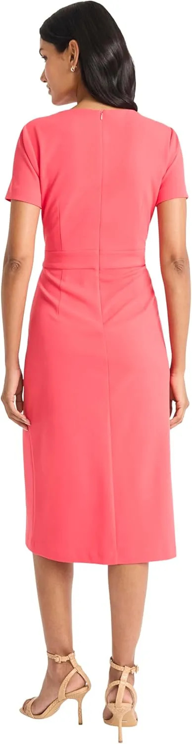 Maggy London Women's Elegant Fitted Midi Front Slit-Scuba Crepe Short Sleeve Professional Wedding Guest Cocktail Dress