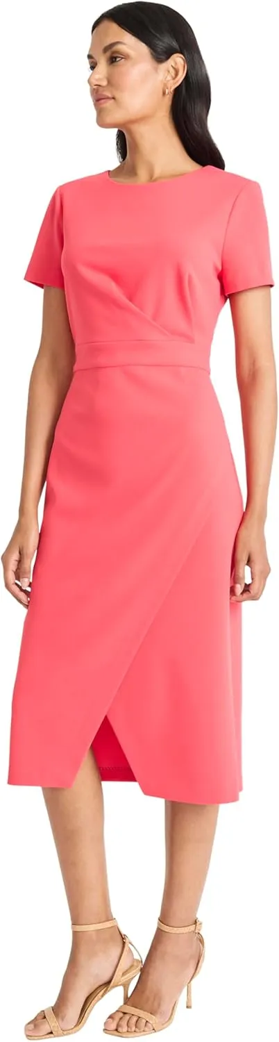 Maggy London Women's Elegant Fitted Midi Front Slit-Scuba Crepe Short Sleeve Professional Wedding Guest Cocktail Dress