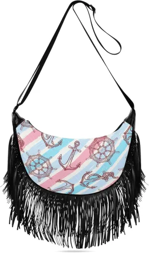 Maritimes-symbols Women Tassel Fringe Shoulder bag, Fringe Purse Crossbody, Women Tassel Hobo Bag with Zipper