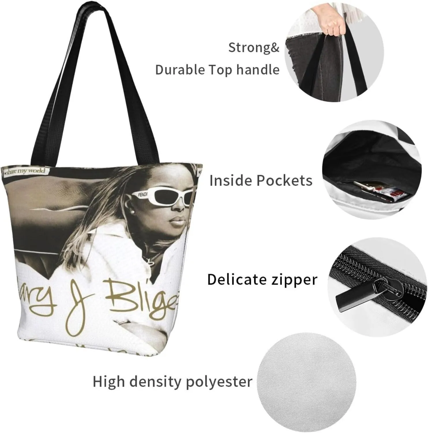 Mary J Musics Blige Shoulder Bag, Customized Shopping Tote Portable Canvas Bag