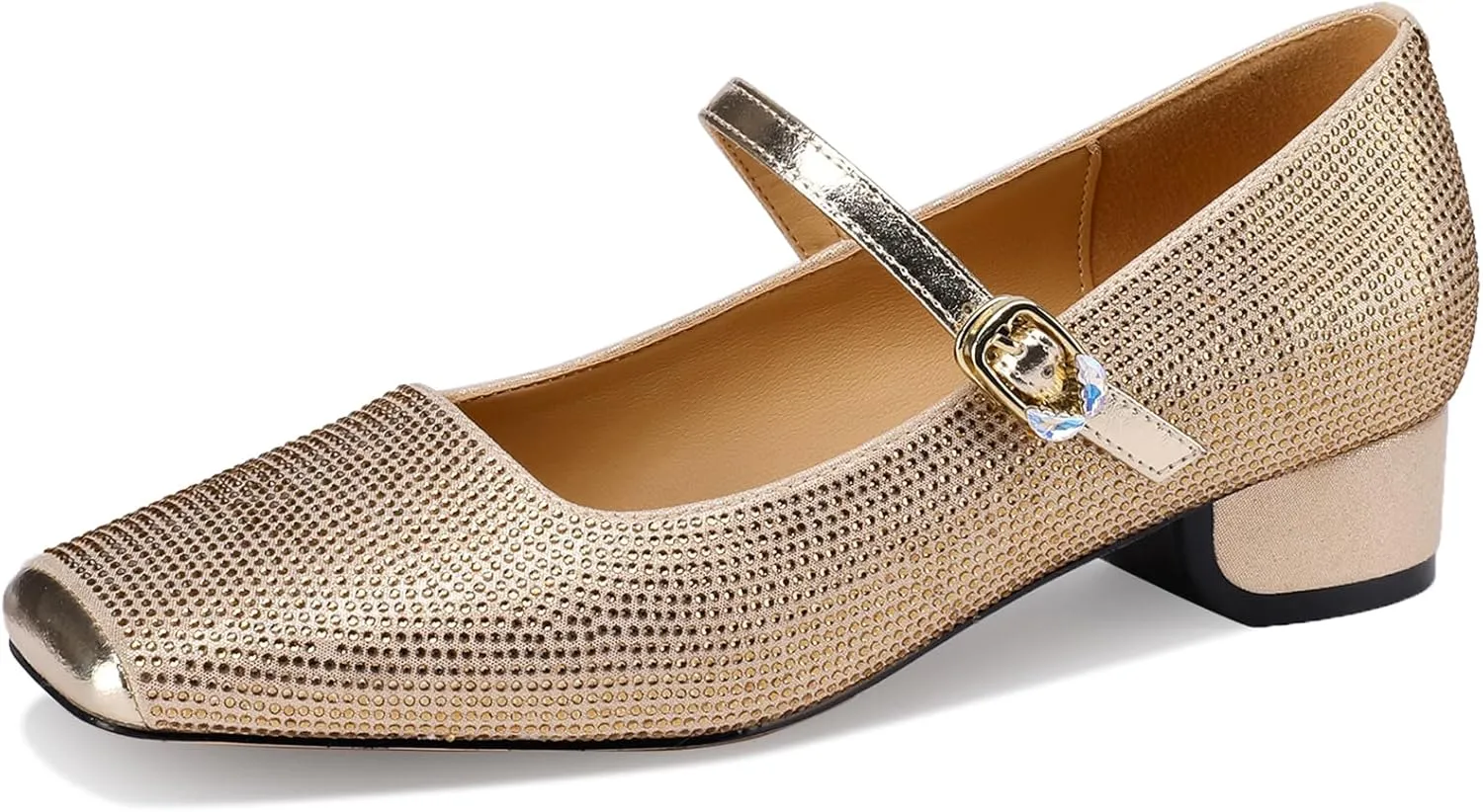 Mary Jane Shoes Women 1 Inch Low Heels Chunky Block Square Toe Dress Pumps Vintage Dressy Strap Comfortable Zapatos Width Buckle Classy Rhinestone Crystal