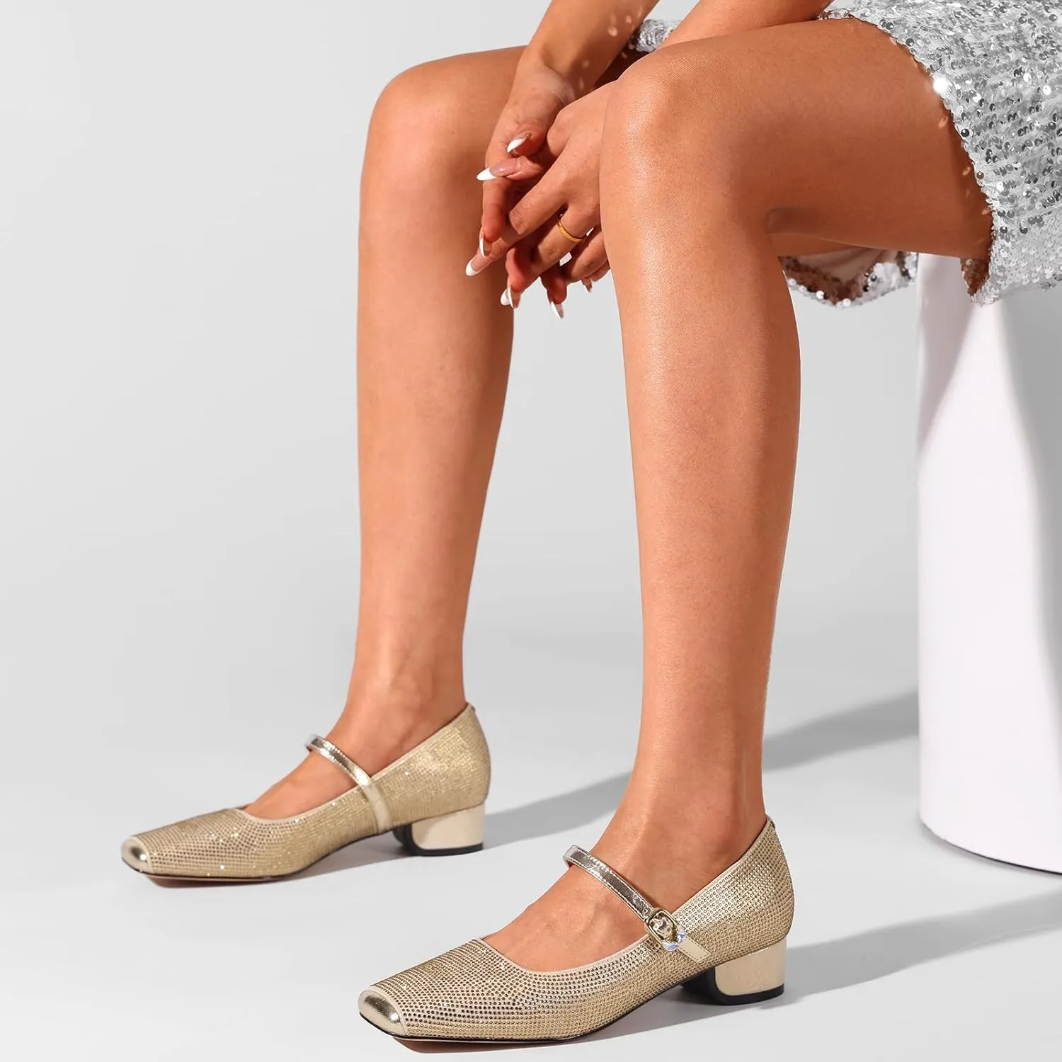 Mary Jane Shoes Women 1 Inch Low Heels Chunky Block Square Toe Dress Pumps Vintage Dressy Strap Comfortable Zapatos Width Buckle Classy Rhinestone Crystal