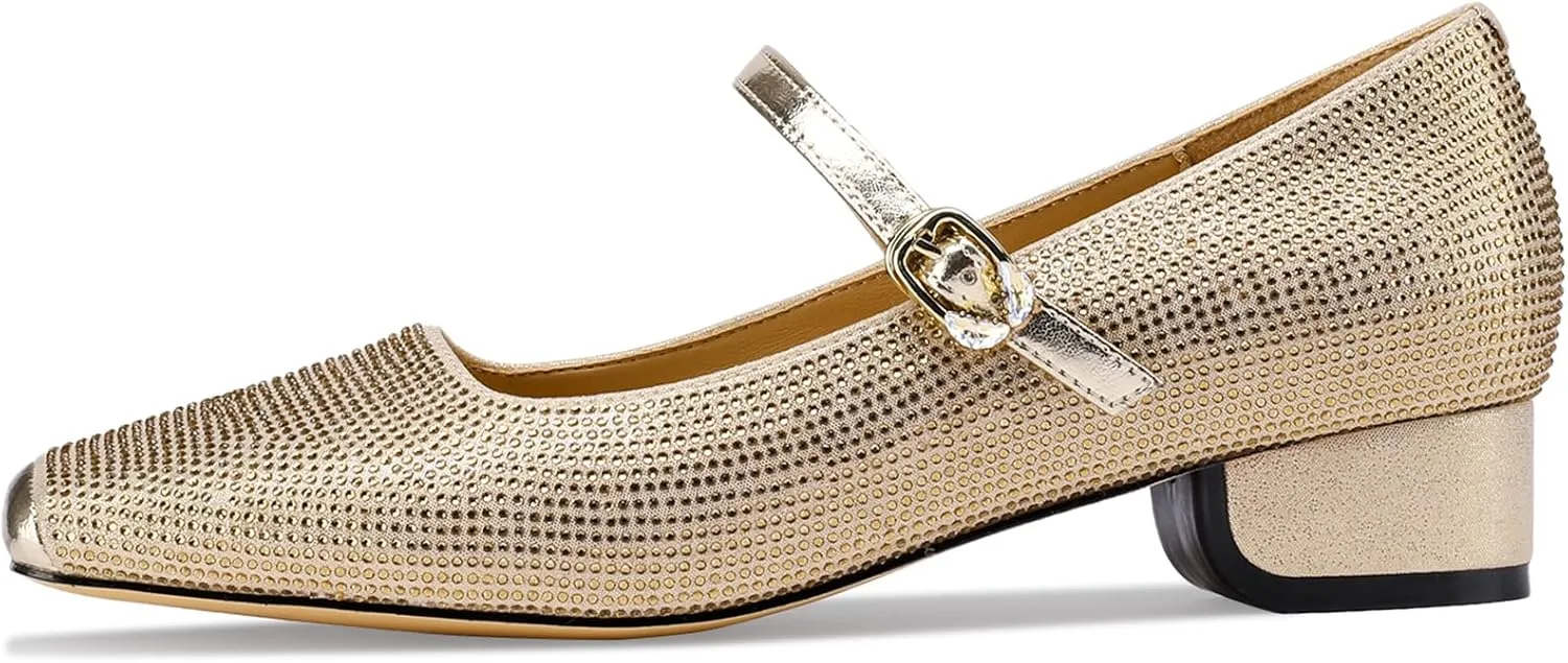 Mary Jane Shoes Women 1 Inch Low Heels Chunky Block Square Toe Dress Pumps Vintage Dressy Strap Comfortable Zapatos Width Buckle Classy Rhinestone Crystal