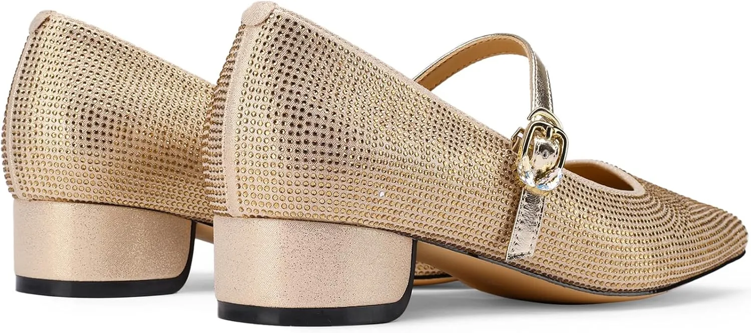 Mary Jane Shoes Women 1 Inch Low Heels Chunky Block Square Toe Dress Pumps Vintage Dressy Strap Comfortable Zapatos Width Buckle Classy Rhinestone Crystal