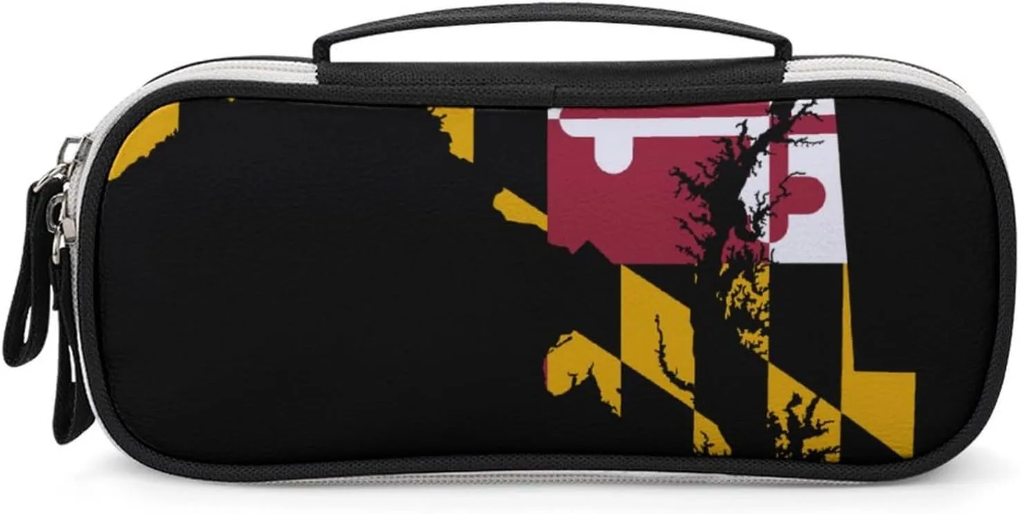 Maryland State Flag Map Pencil Case with Handle Portable Pencil Storage Pouch Bag Stationery Organizer
