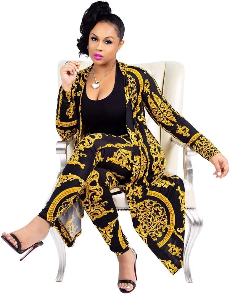 Max2co Women 2 Piece Outfits Floral Long Sleeves Open Front Cardigan Cover up with Leggings High Waist Long Pants Set
