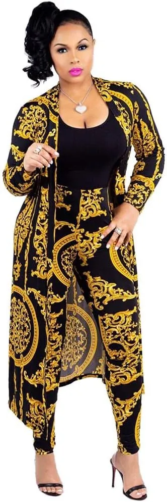 Max2co Women 2 Piece Outfits Floral Long Sleeves Open Front Cardigan Cover up with Leggings High Waist Long Pants Set