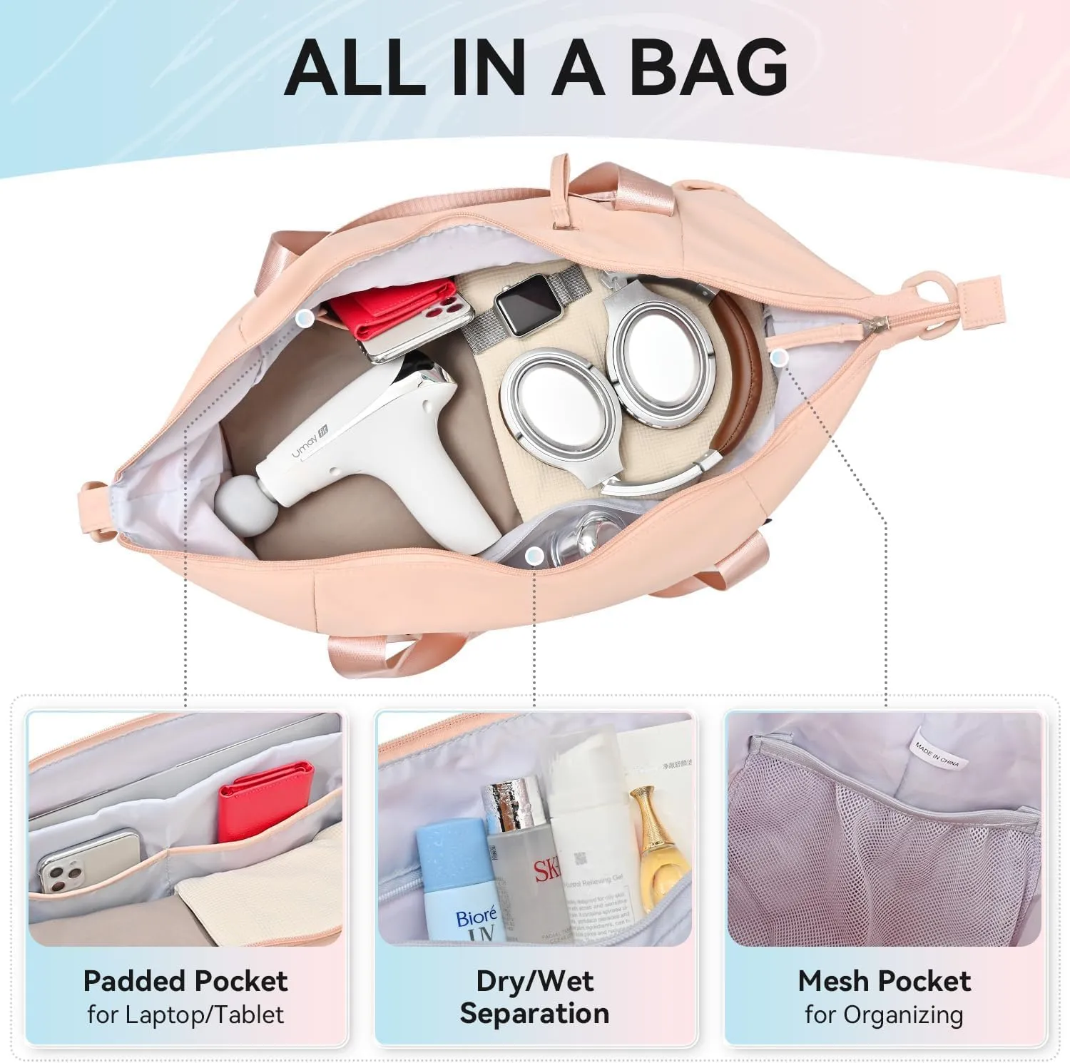 MAXTOP Women's Gym Yoga Duffle Bag with Shoe Pouch,Multi-Purpose Overnight Travel Bag for Gym,Work, Dance, Sports