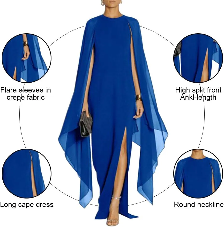 MAYFASEY Women's Elegant High Split Flare Sleeve Formal Evening Gowns Maxi Dress with Cape