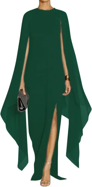 MAYFASEY Women's Elegant High Split Flare Sleeve Formal Evening Gowns Maxi Dress with Cape