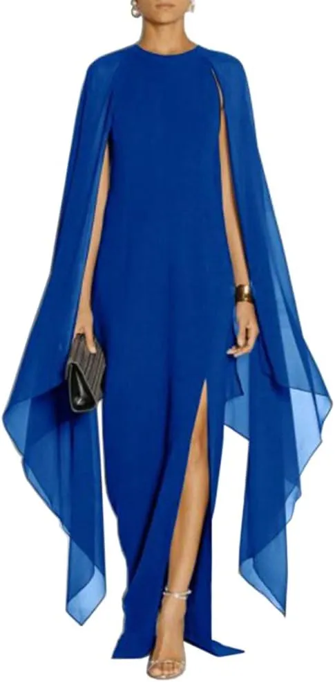 MAYFASEY Women's Elegant High Split Flare Sleeve Formal Evening Gowns Maxi Dress with Cape