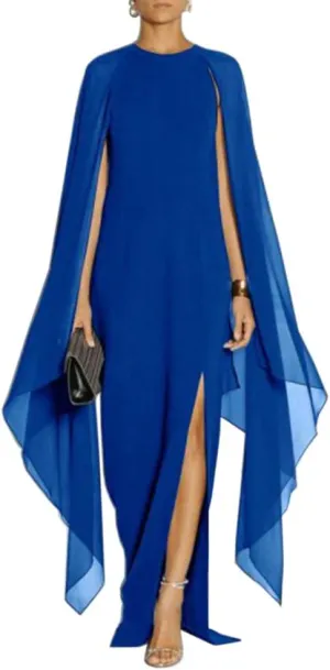 MAYFASEY Women's Elegant High Split Flare Sleeve Formal Evening Gowns Maxi Dress with Cape