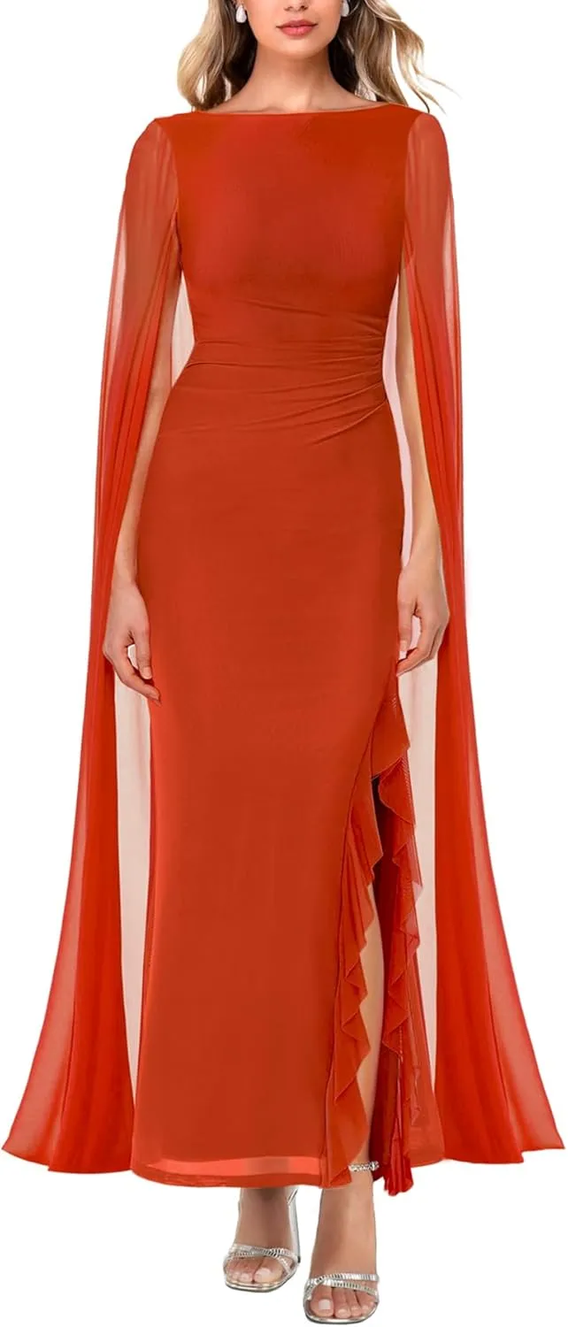 MAYFASEY Women's Sexy Elegant Long Sleeve High Split Mesh Ruched Formal Long Evening Party Maxi Dress with Cape