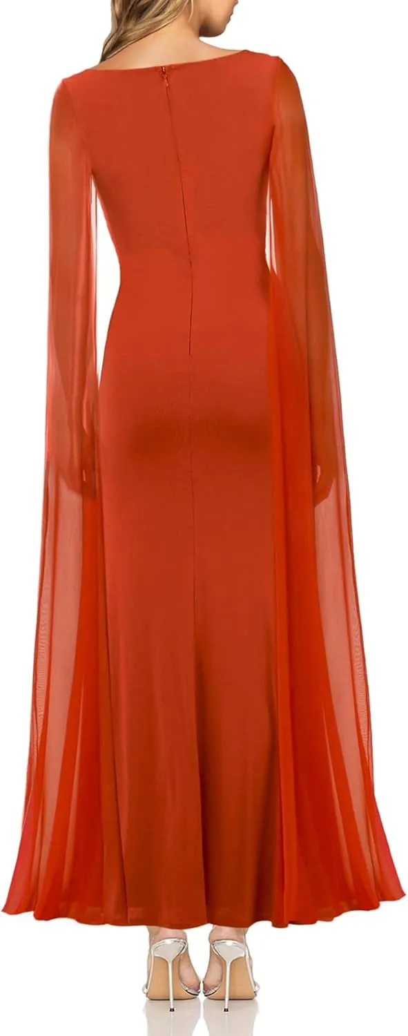 MAYFASEY Women's Sexy Elegant Long Sleeve High Split Mesh Ruched Formal Long Evening Party Maxi Dress with Cape