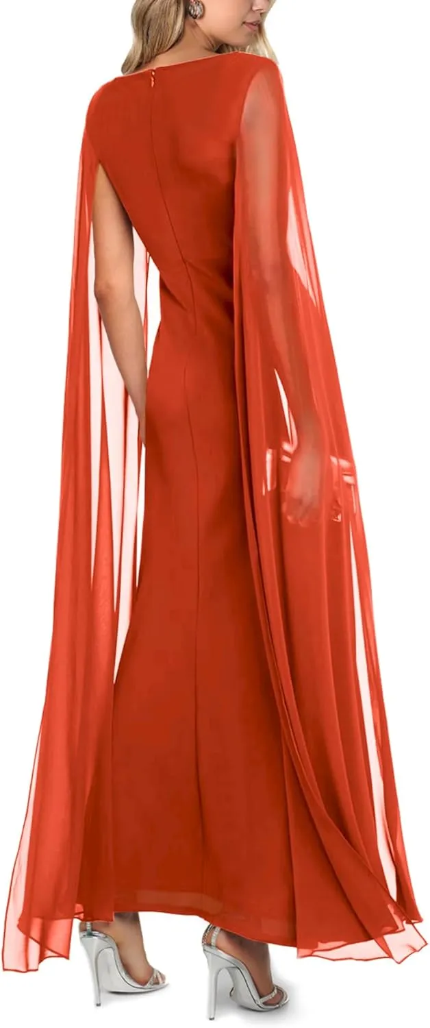 MAYFASEY Women's Sexy Elegant Long Sleeve High Split Mesh Ruched Formal Long Evening Party Maxi Dress with Cape